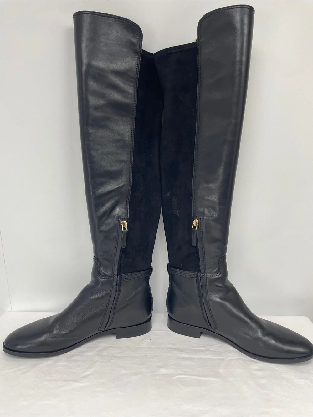 Tory Burch Black Leather & Stretch Over-the-Knee Riding Boots with Buckle